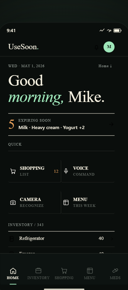 Expireless home dashboard showing expiring food items with color-coded urgency and storage overview